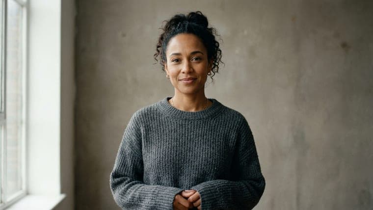 A woman in a grey sweater, photographed by a window