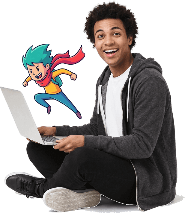 A young creator sitting cross-legged with a laptop, grinning, the anime hero he has just made leaping out of the screen beside him.