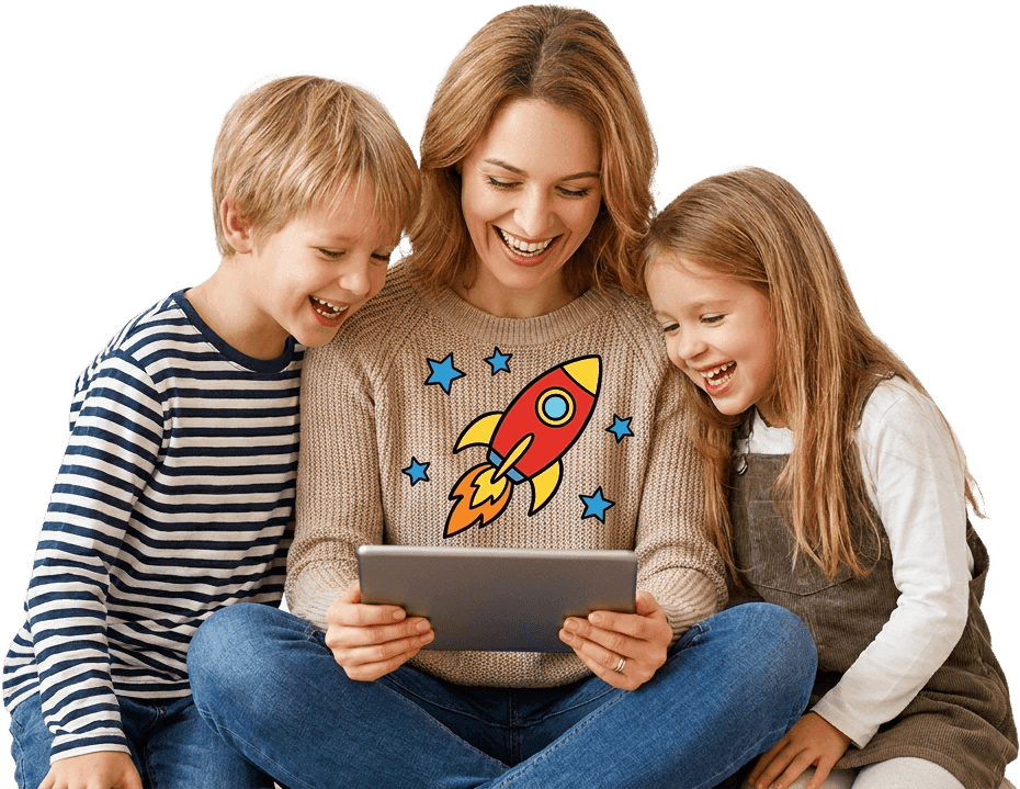 A real mother and her two children laughing around a tablet, the cartoon rocket they just made glowing above its screen.
