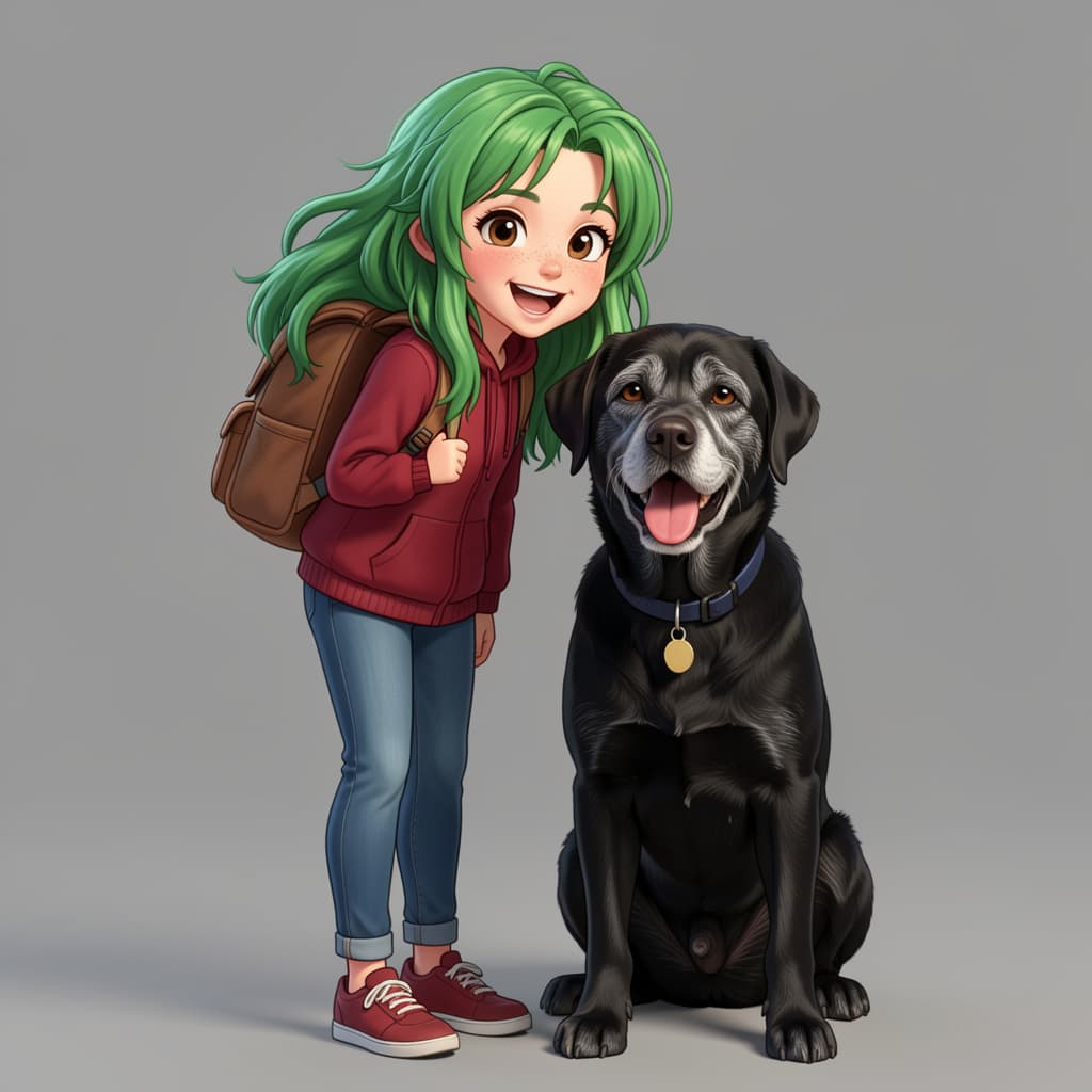 The girl and her dog as a character sheet, standing on grey