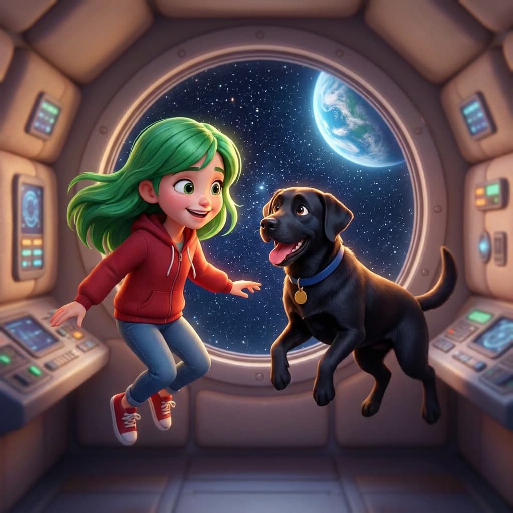 The same girl and dog in a space station