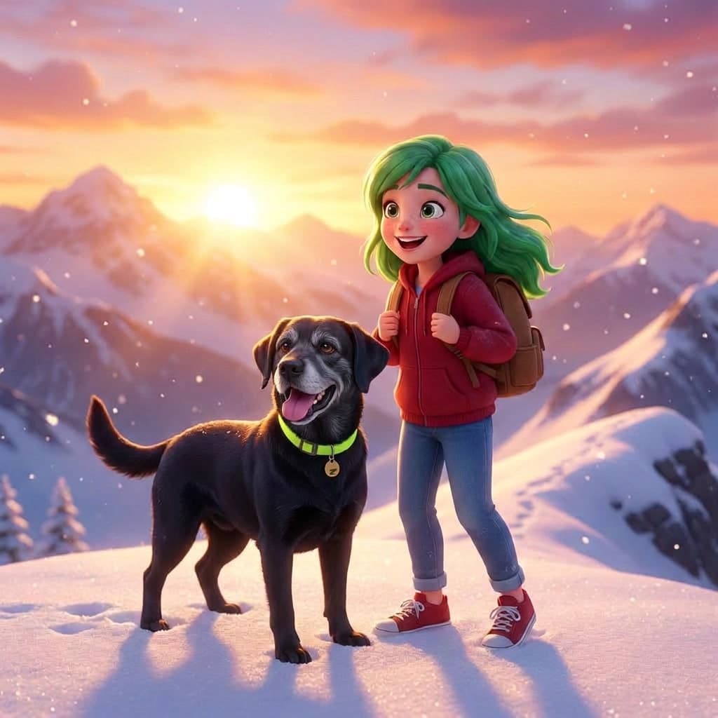 The girl and her dog on a snowy mountain pass