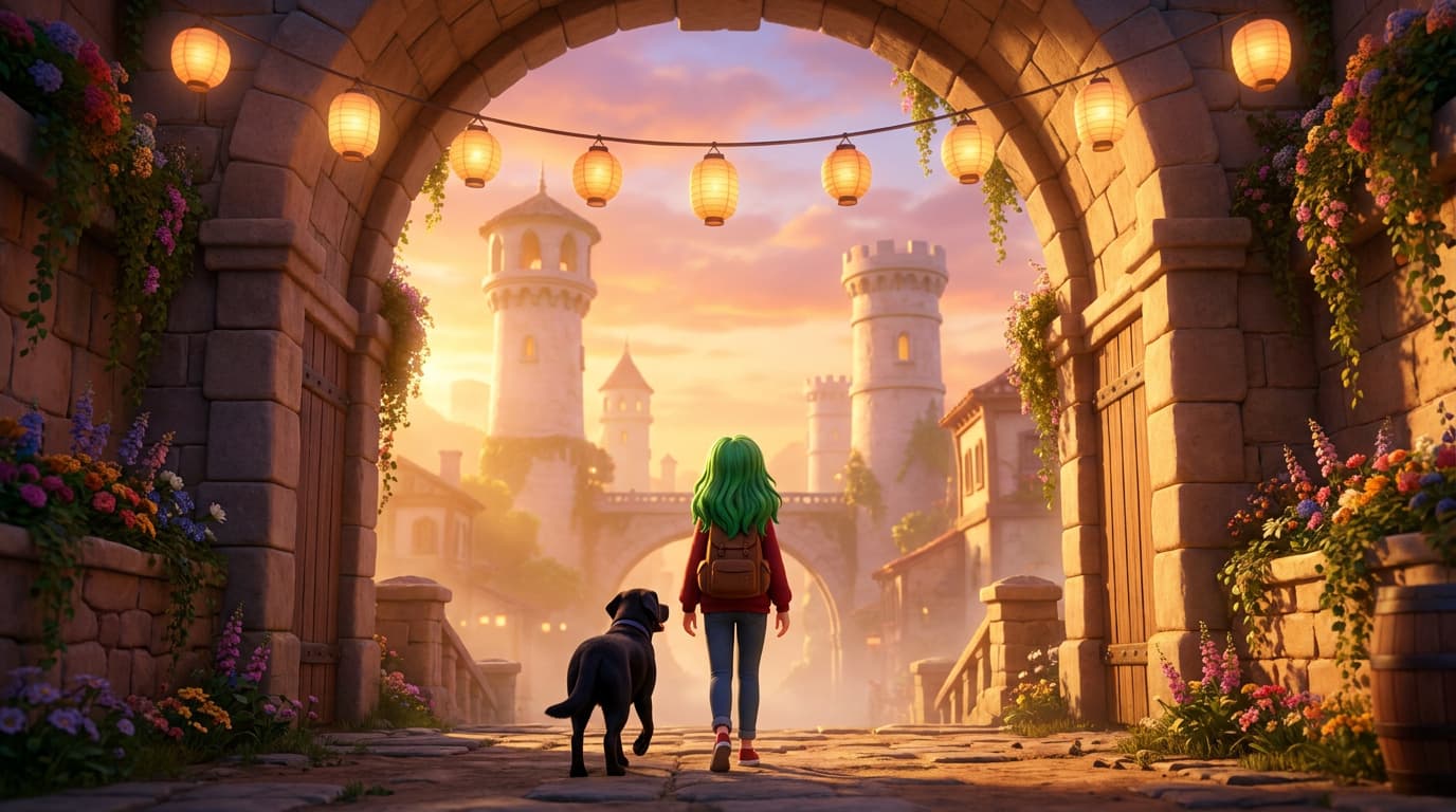 A girl and her dog walking through a lantern-lit gate into a glowing city.