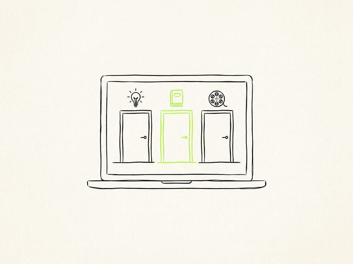A laptop with three doors: an idea, a book, a film