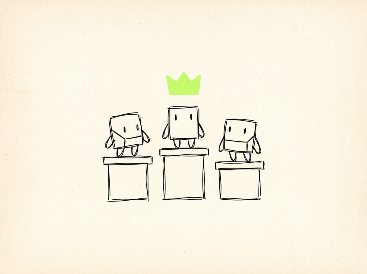 Three characters on pedestals, a crown over one