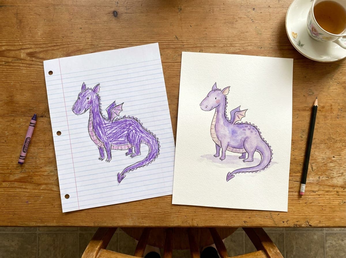 A crayon drawing of a purple dragon next to the printed page of the same dragon