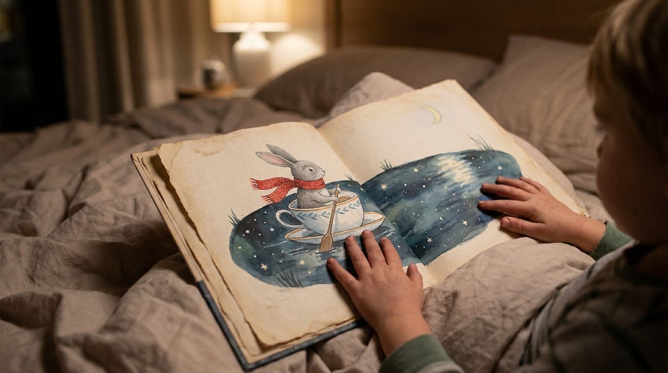 A printed picture book open on a bed, a child's hands holding the pages