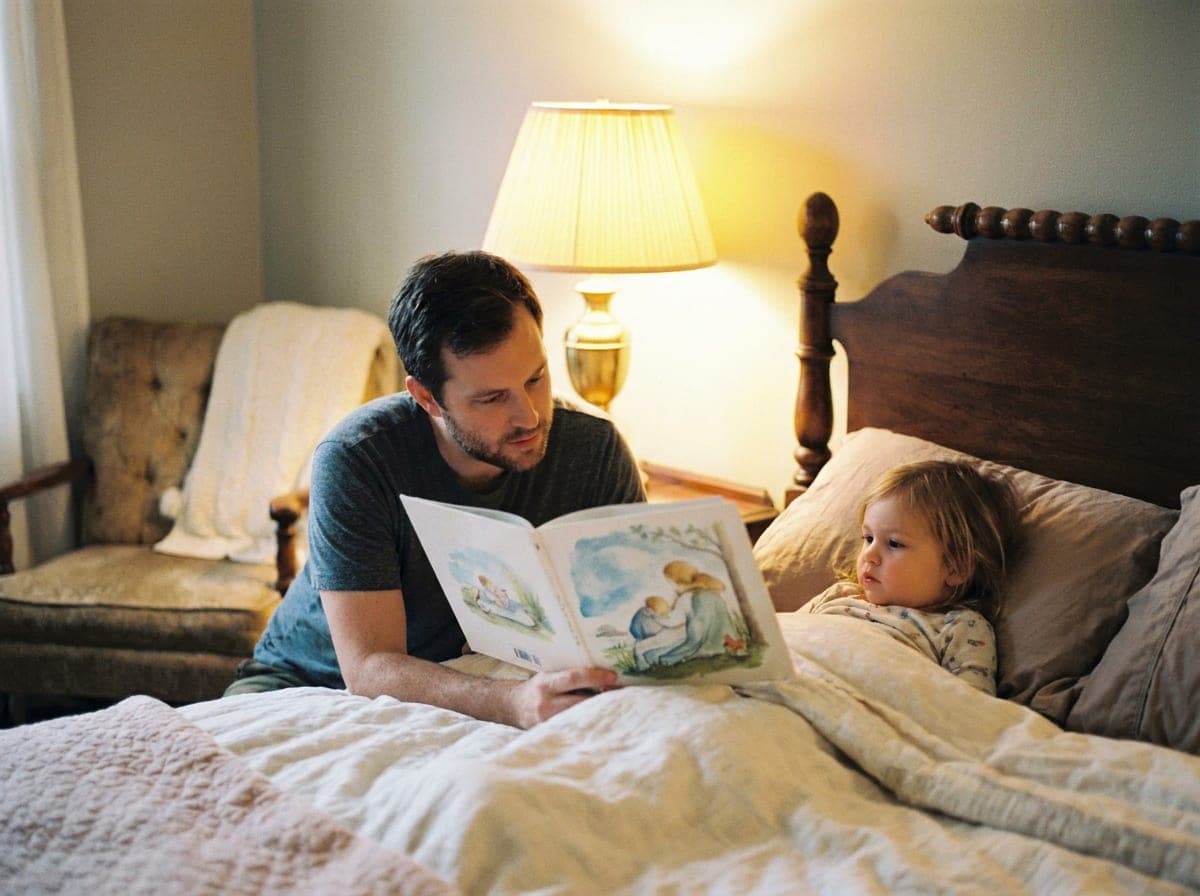 A father reading a printed picture book to a child in bed