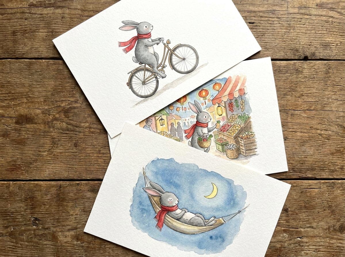 Three printed pages showing the same rabbit in a red scarf