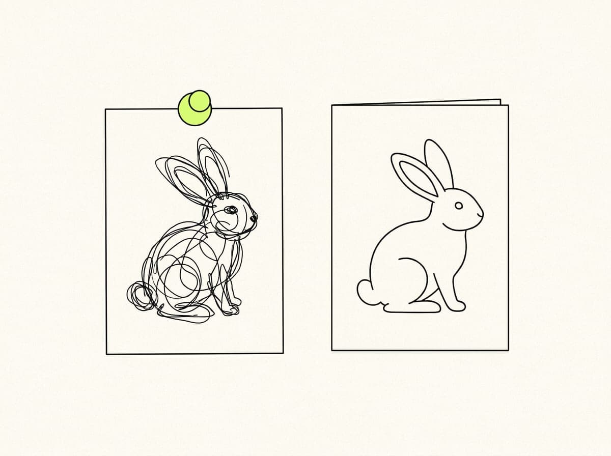A child's drawing of a rabbit next to a neat card of the same rabbit