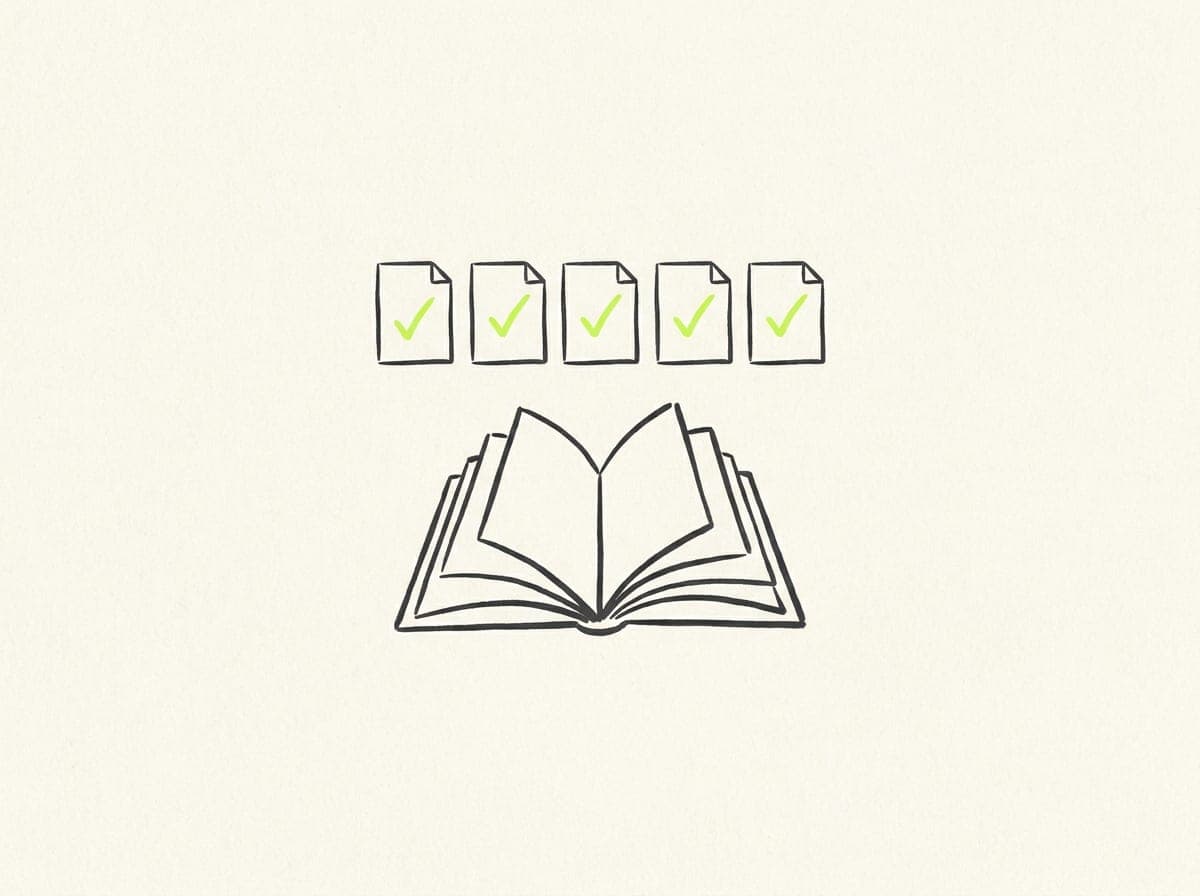 An open book with page thumbnails and checkmarks