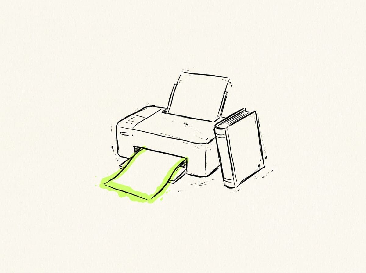 A printer feeding out a page beside a bound book