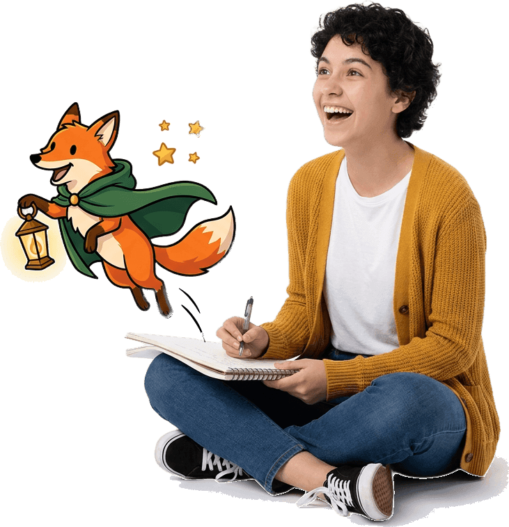 A young writer with an open notebook on their knee, laughing, the cloaked fox from their story leaping off the page beside them.