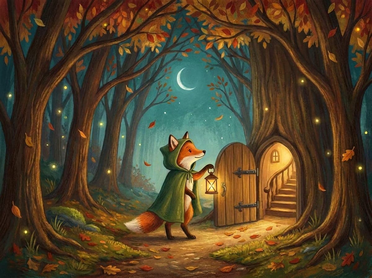 The fox pushes the door, and warm light spills out onto the leaves.