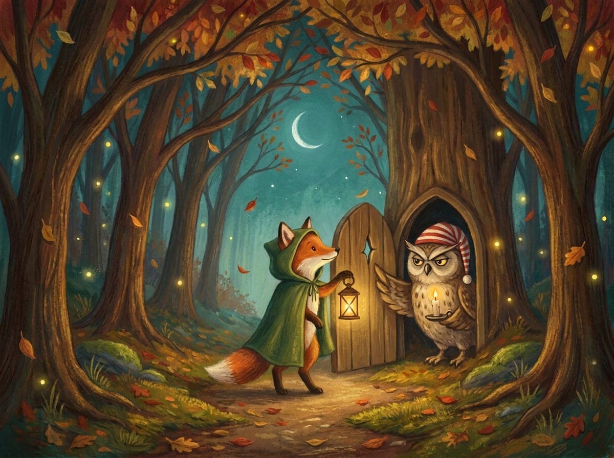 The fox knocks. A grumpy owl in a nightcap opens it a crack.
