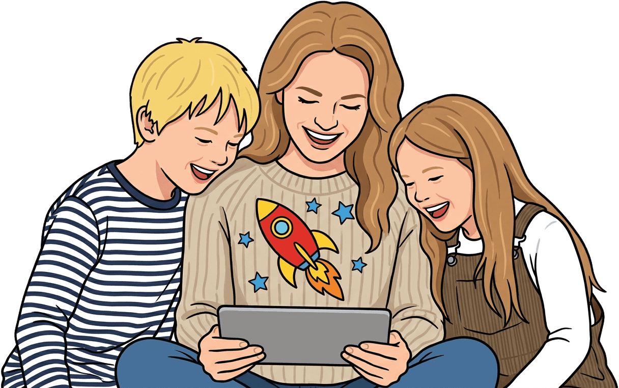 The same family, drawn as cartoon characters