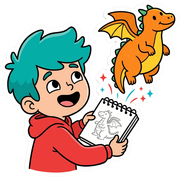 A delighted child with teal hair holding a sketchbook, the dragon they just drew bursting up off the page in full color.