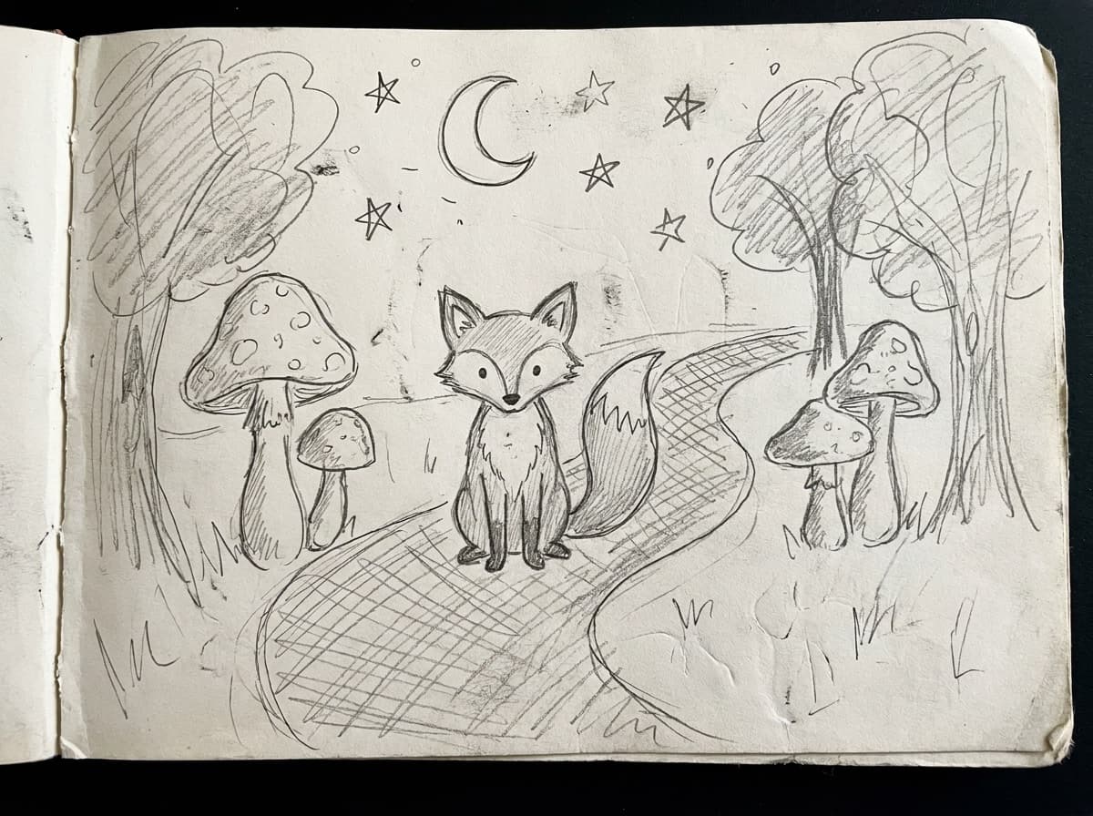 A child's pencil drawing of a fox among mushrooms