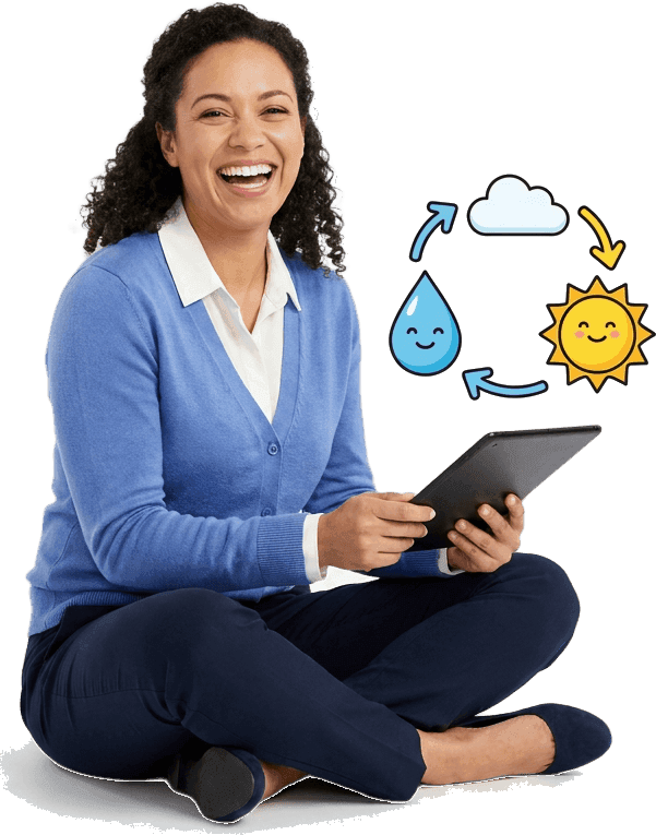 A teacher sitting cross-legged with a tablet, laughing, the cartoon water cycle she has just made turning in the air beside her.