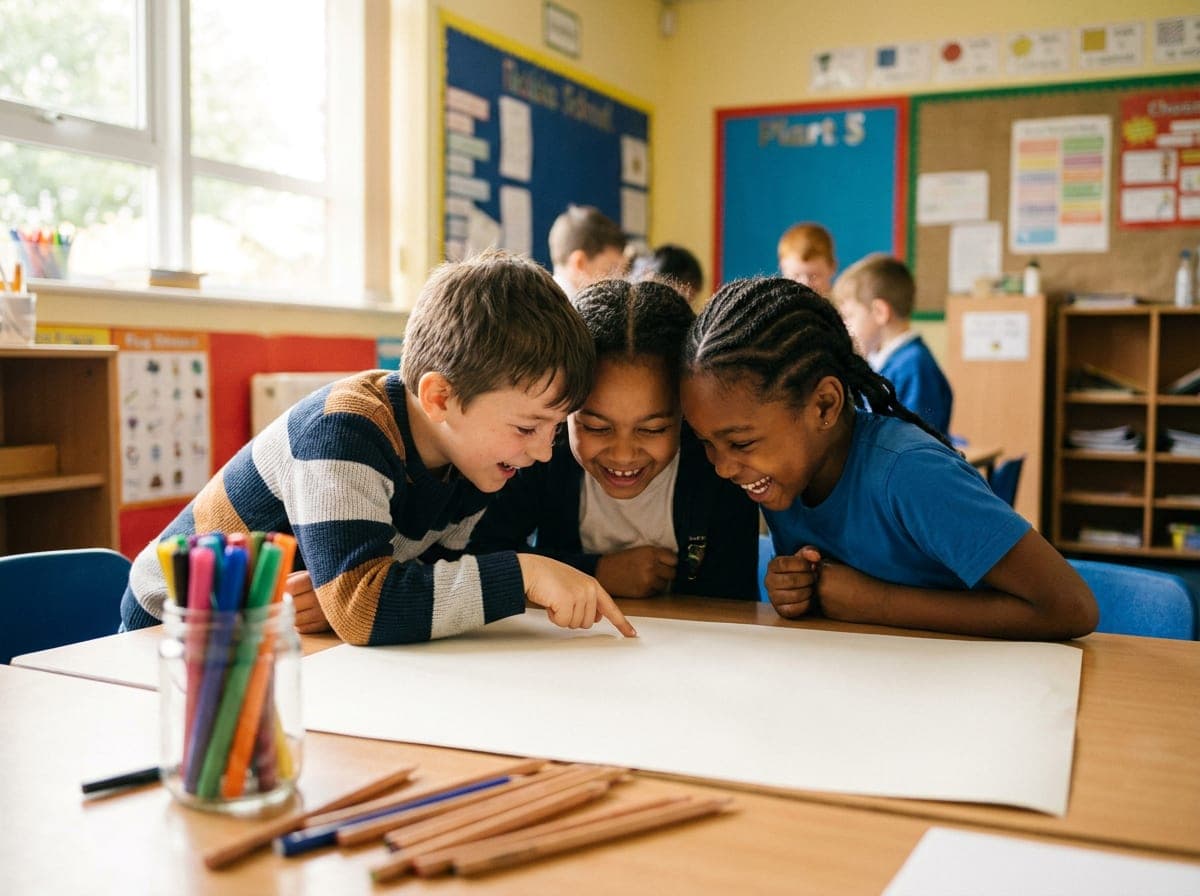 Three children laughing together over a worksheet