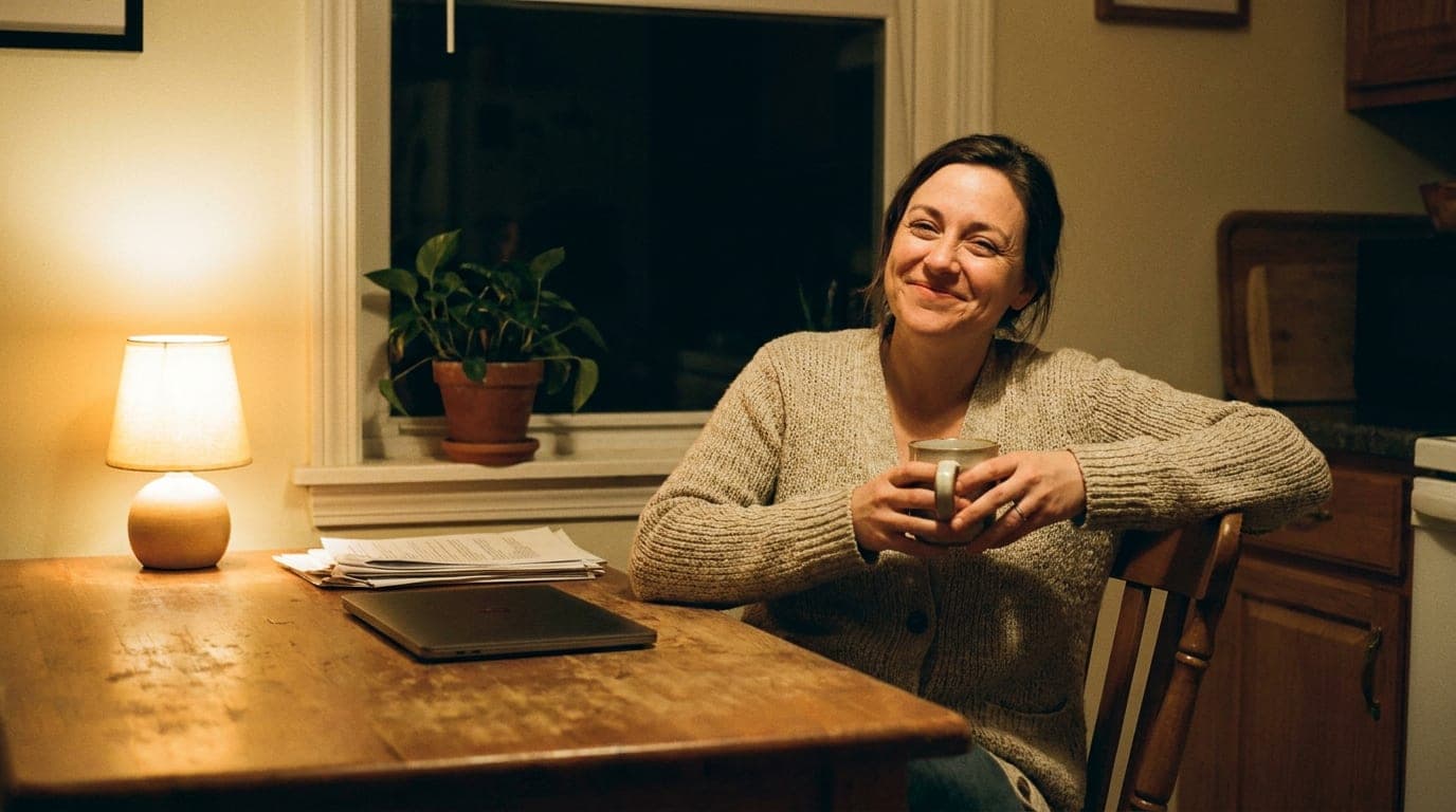 A teacher at her kitchen table in the evening, the laptop closed and a mug of tea in both hands
