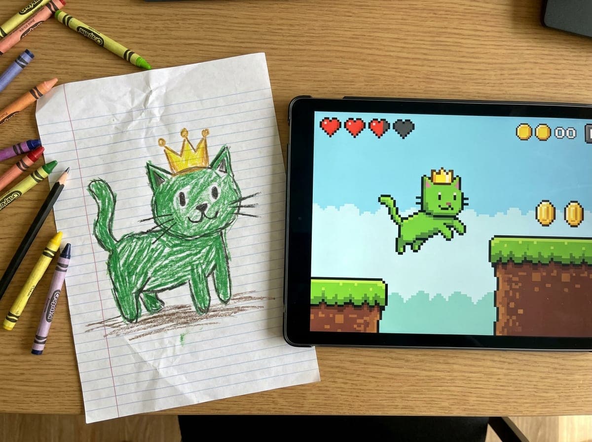 A crayon drawing of a crowned cat next to the same cat as a game sprite on a tablet