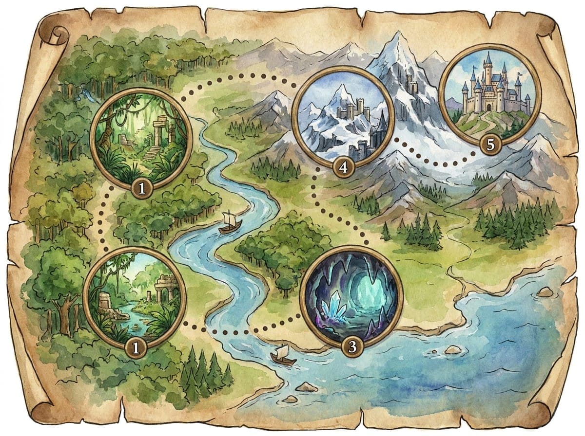 A painted world map with five level nodes