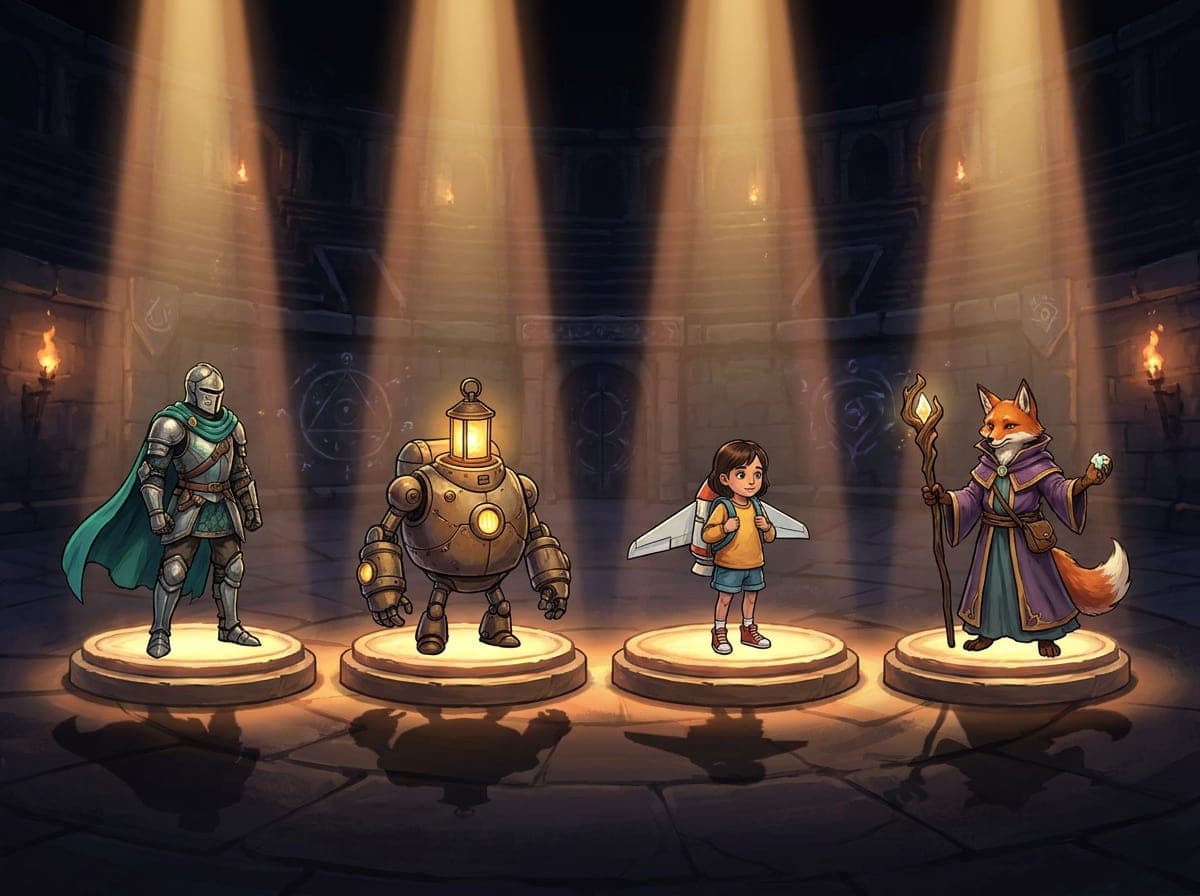 A character-select screen with four characters on pedestals