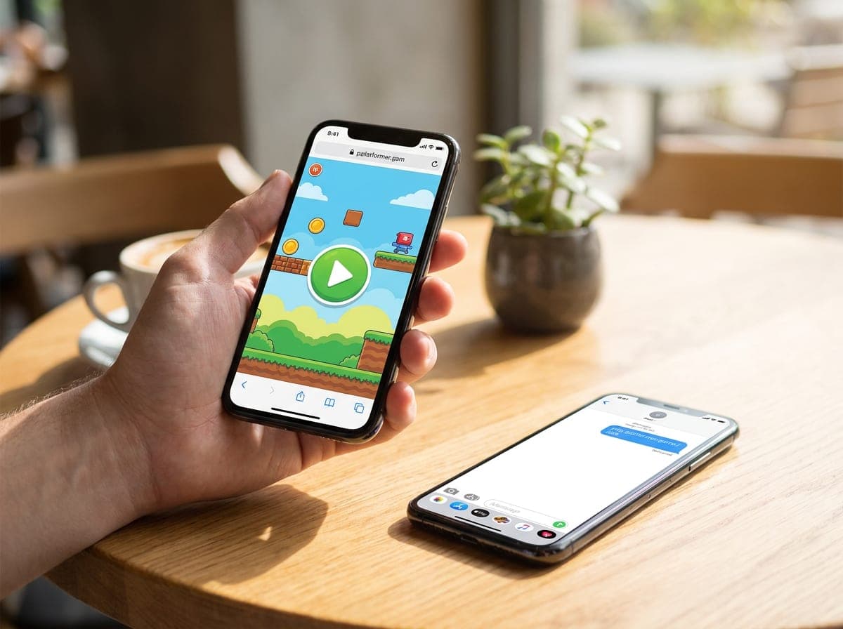 A phone showing a game with a play button, and another receiving the link