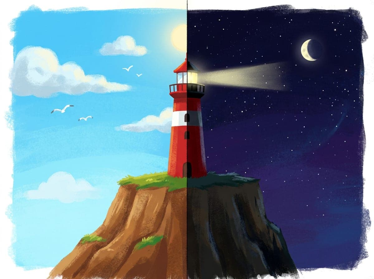 One lighthouse scene, day on the left and night on the right