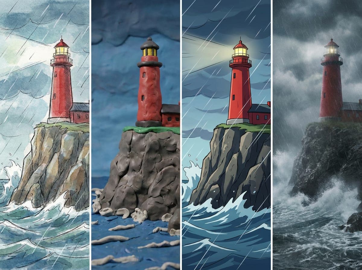 The same lighthouse scene in four looks: drawn, clay, anime, live action