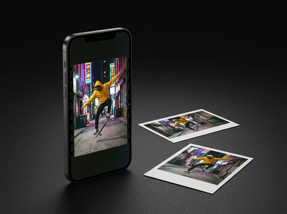 A phone showing a vertical shot of a skateboarder, with landscape and square stills beside it