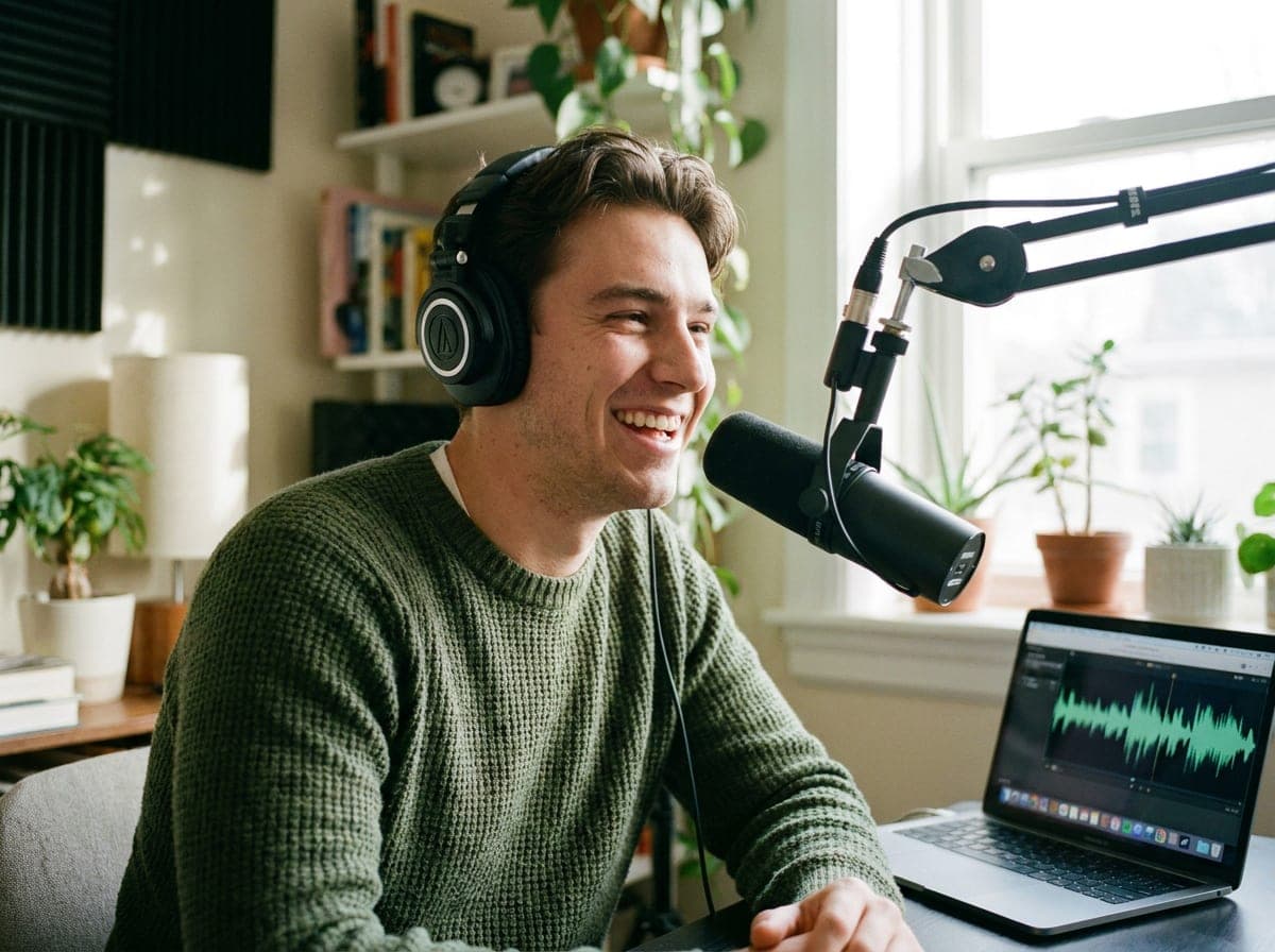 A man recording into a microphone in a home studio