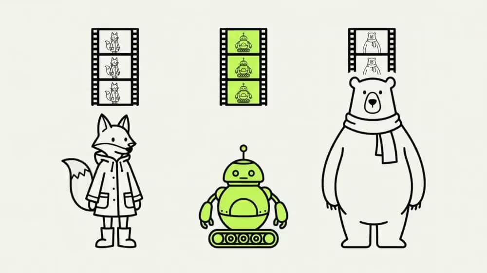 Three whole characters of different builds drawn in outline, each with a stack of frames above it containing that same figure again.