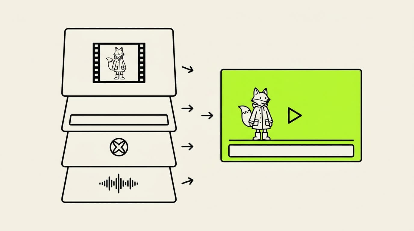 Four stacked layers — a picture frame, a caption bar, a logo mark and a waveform — merging by arrows into one finished frame.