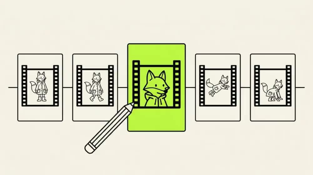 A row of seven storyboard cards on a line, the fourth pulled forward out of the row and opened larger.