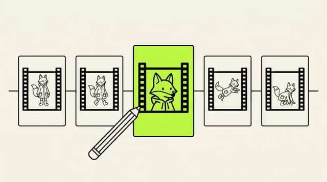 A row of seven storyboard cards on a line, the fourth pulled forward out of the row and opened larger.