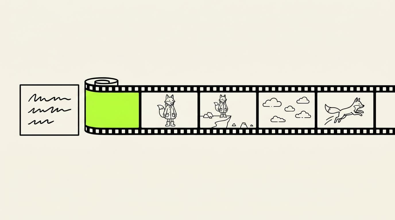 A pen nib touching a blank sheet, a ribbon of film unspooling from the point where it touches.