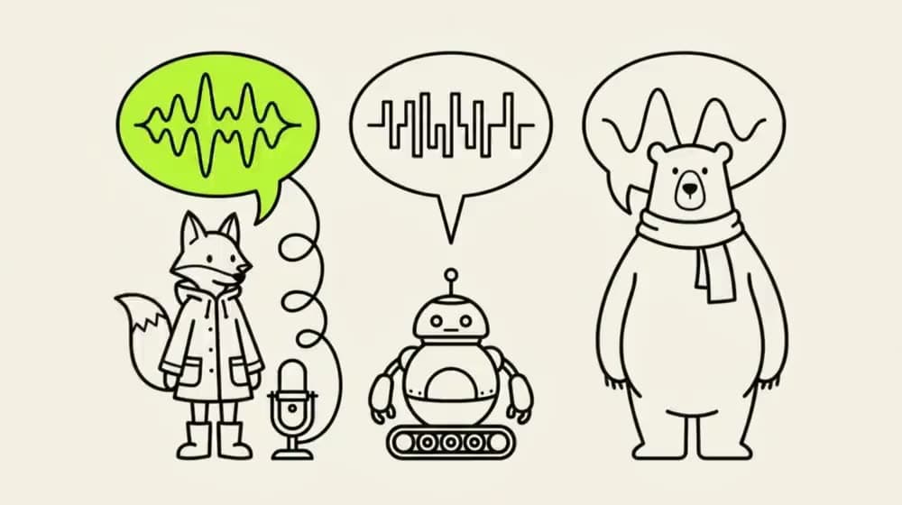 Three characters in outline, each with a speech bubble holding a different waveform, and a microphone cabled into the first one.