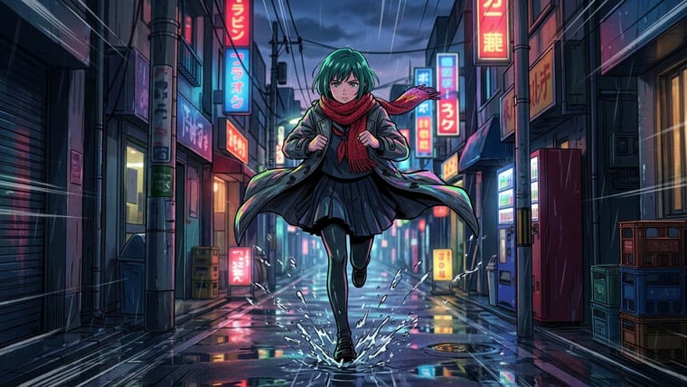 The same girl running through the rain, coat flying, shot from a low angle with the alley streaking behind her.