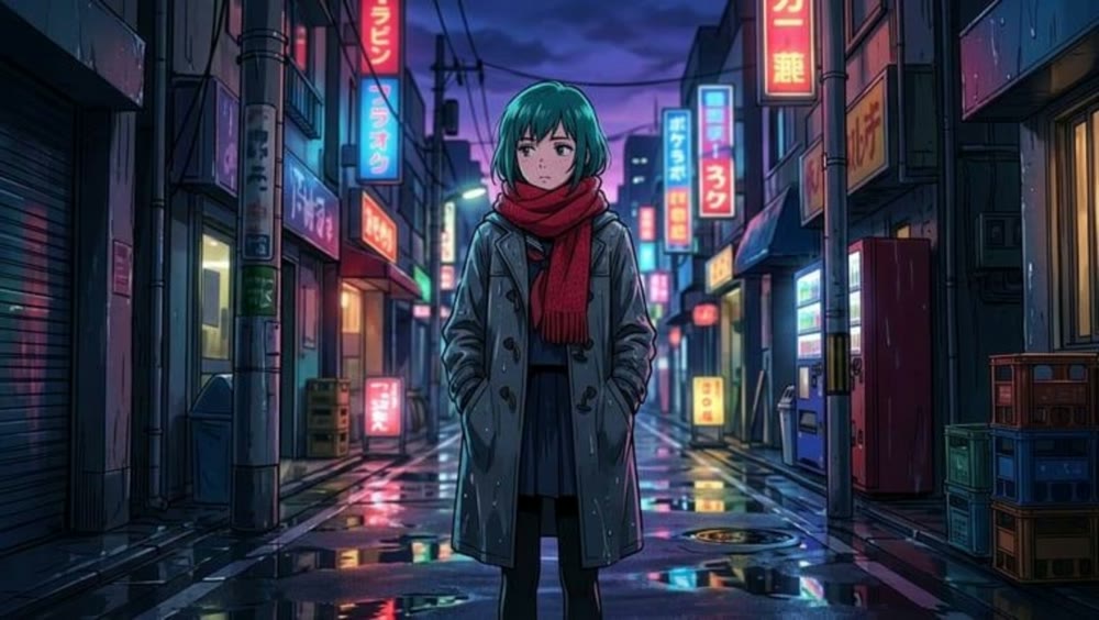 A teenage girl with short teal hair, a red scarf and a long gray coat standing in the neon-lit alley, medium shot.