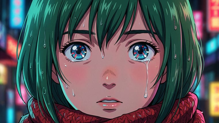 An extreme close-up of the same girl's face, eyes wide and wet, neon reflected in her irises.