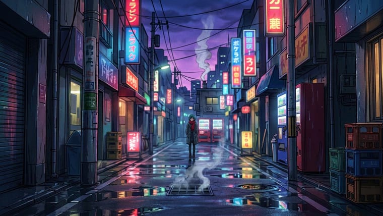 A narrow rain-slick alley at dusk lined with glowing neon signs and telephone wires, one small figure at the far end.