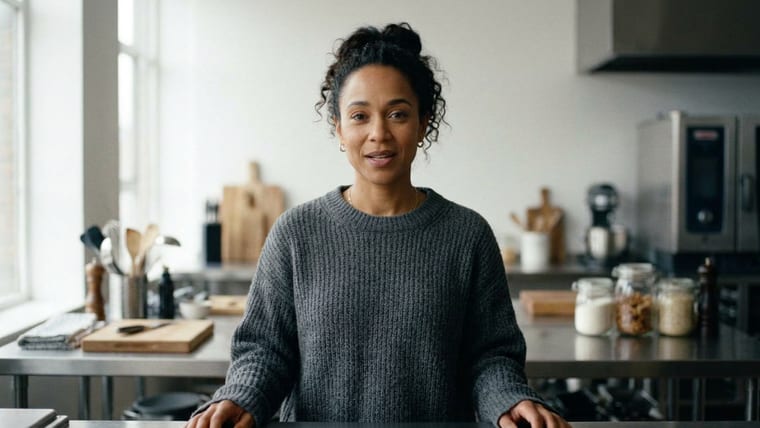 The same woman, now presenting in a kitchen