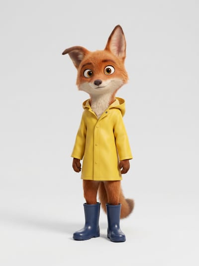 An alternative render of the same brief — a fox cub in a yellow raincoat, drawn taller and lankier.