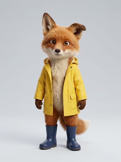An alternative render of the same brief — a fox cub in a yellow raincoat, drawn stockier.