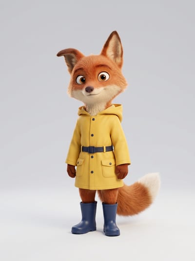 An alternative render of the same brief — a fox cub in a yellow raincoat, drawn slimmer.