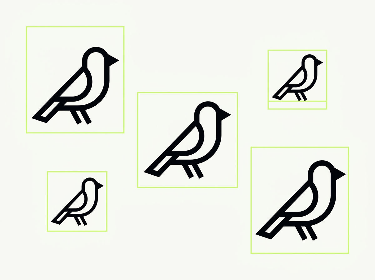 The same bird drawn five times at five sizes, each inside its own frame — one character holding its look across every shot.