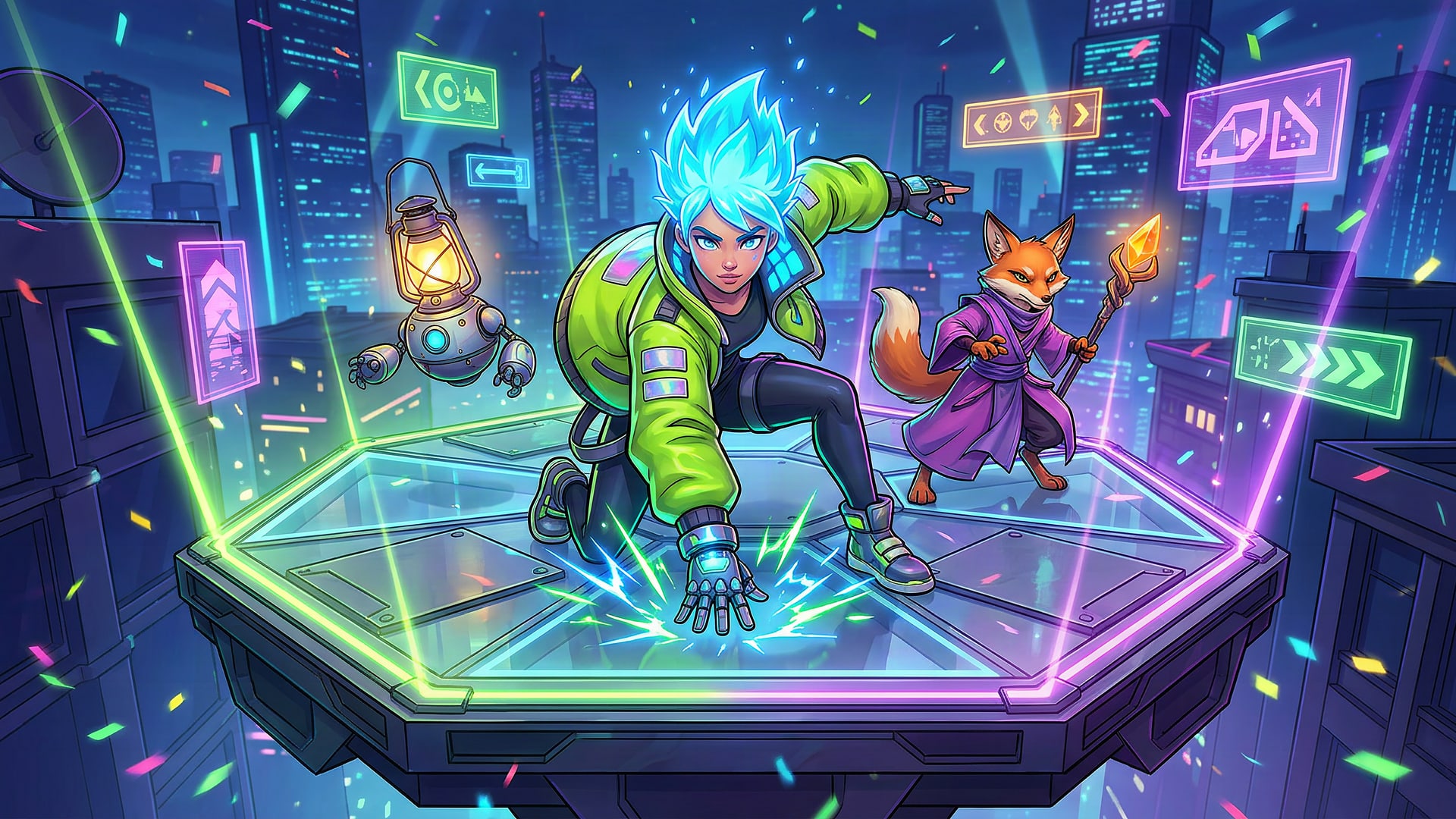 A teen hero with electric-blue hair landing on a neon arena above a night city, a lantern-headed robot and a fox mage beside her