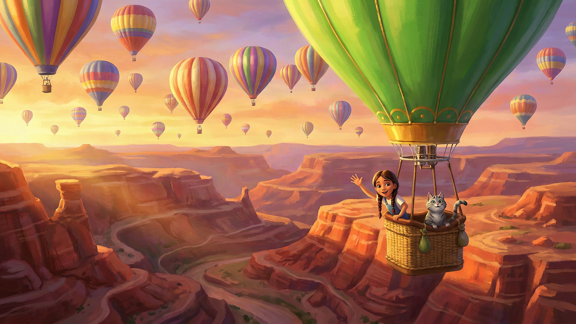 A hot-air balloon race over a canyon at golden hour, a girl and a grey cat waving from the front balloon